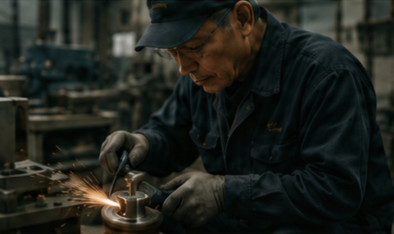 鋳造品を機械加工で仕上げる職人の様子